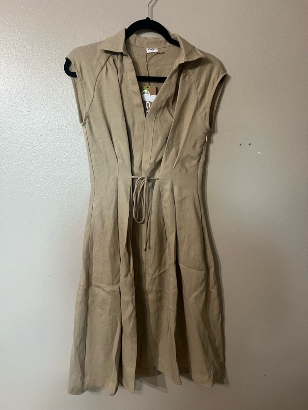 OGL Beige Sleeveless Midi linen Dress with Tie Waist
